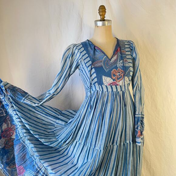 Rare 70s Cotton Gauze Made In India Floral Stripe Dress Sz S Please Read Descrip - Picture 3 of 16
